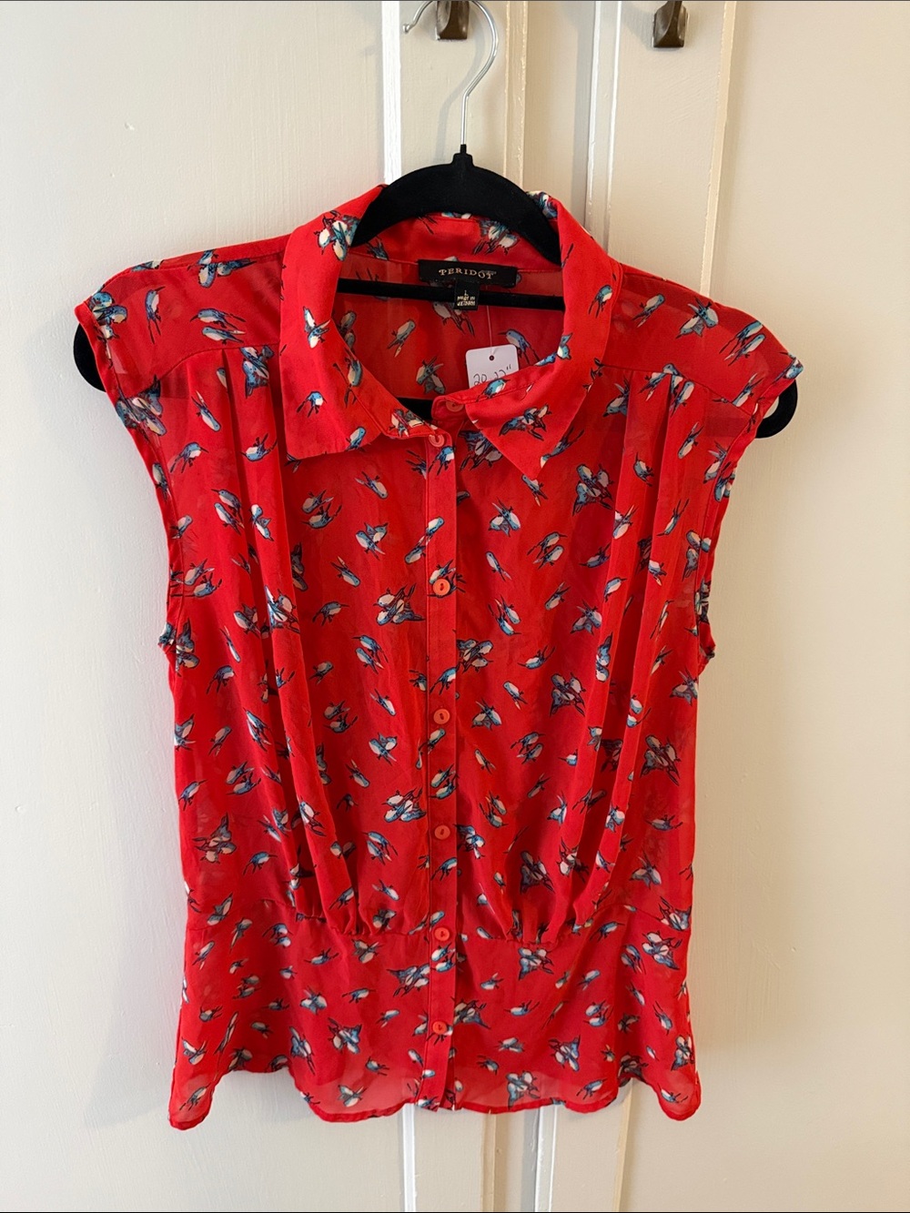 Peridot Sheer Red Floral Button-Front Blouse with Collar and Birds